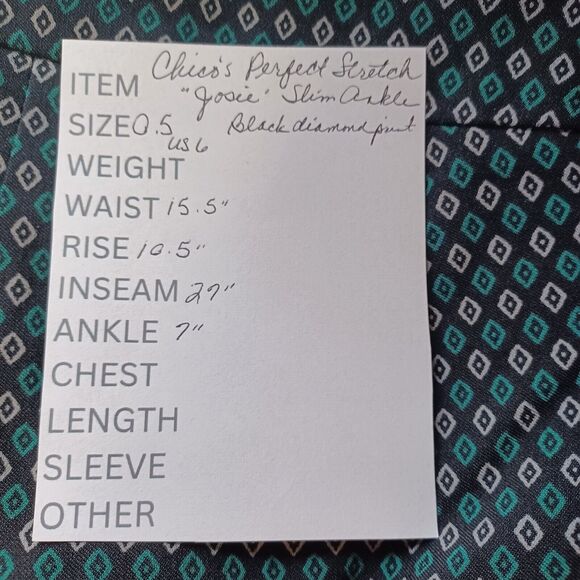 Chicos Pants O.5 US 6 Black Perfect Stretch JOSIE Slim Ankle Diamond Pattern NEW - Picture 10 of 10